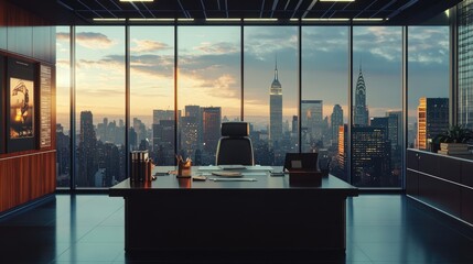 Fototapeta premium A modern, spacious office with a breathtaking cityscape view at sunset. The dark wood furnishings contrast beautifully with the warm tones of the twilight sky.