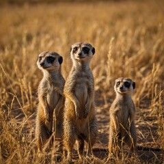 Fototapeta premium A family of meerkats standing upright in a golden savanna field.