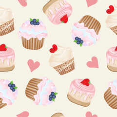 Seamless pattern for kitchen decor and more. Delicious cupcake with whipped cream and blueberry, strawberry, heart. Vector cartoon illustration of sweet food.