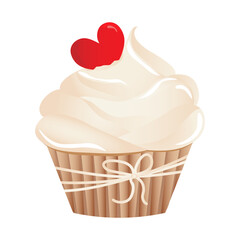 Delicious cupcake with whipped cream and red heart. Vector cartoon illustration of sweet food.