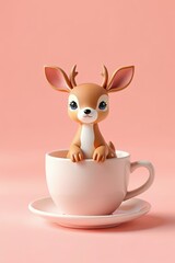 Fototapeta premium there is a small toy deer sitting in a cup on a saucer