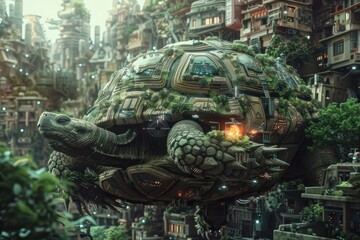 A Giant Tortoise Carries A Futuristic City On Its Shell