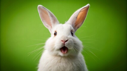 Obraz premium Happy Easter greeting card - White Easter bunny rabbit who looks amazed or scared, mouth opened, isolated on green background 