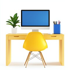 A modern workspace featuring a yellow chair, a computer, and decorative elements like a plant and stationery, promoting a bright and productive atmosphere.