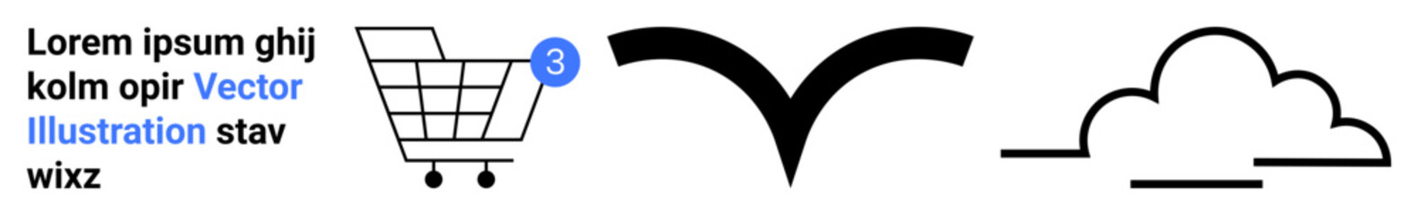 Shopping cart with notification, spread-wing bird, and cloud icons. Ideal for e-commerce, communication, weather, interface design, navigation, notifications, landing page