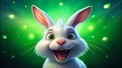 Obraz premium Happy Easter greeting card - White Easter bunny rabbit who looks amazed or scared, mouth opened, isolated on green background 