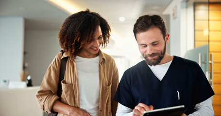 Patient, dentist and tablet for results in clinic, check medical records and appointment schedule....