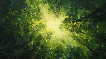 View of a forest canopy from above, sunlight breaking through, vibrant green tones