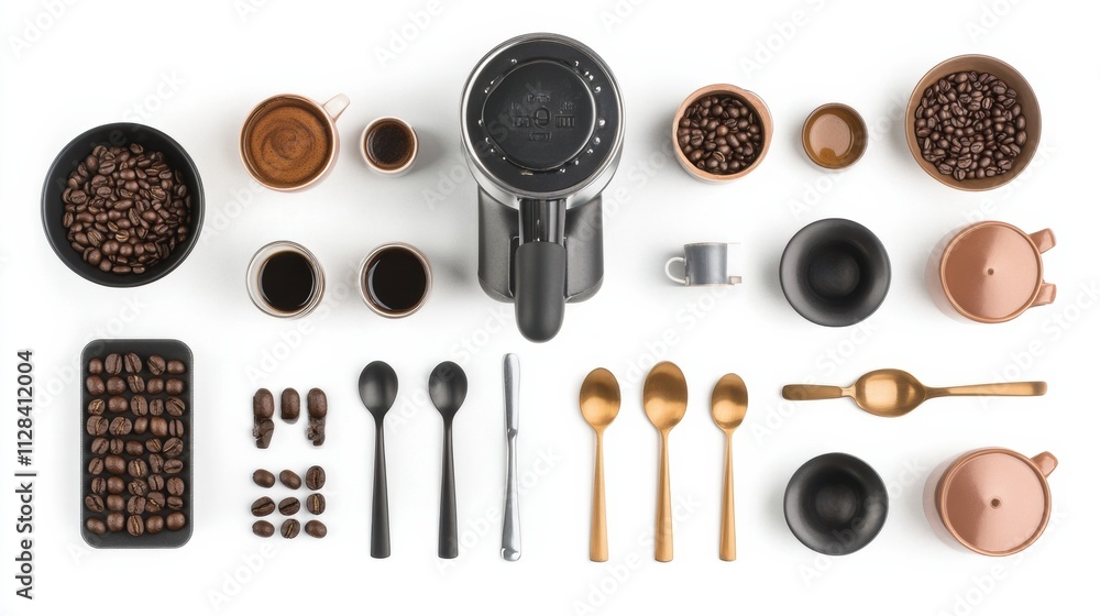 Poster flat lay setup featuring coffee beans, cups, spoons, and a coffee maker, creating an inviting atmosp