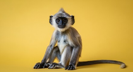Obraz premium Portrait of a young gray langur monkey on yellow background for wildlife interest