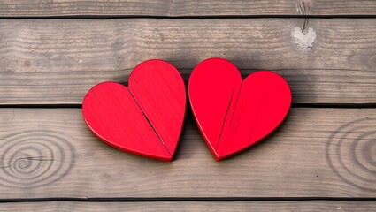 Fototapeta premium Two red wooden hearts rest on a rustic wooden surface. A symbol of love and togetherness.