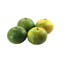Four green tangerines isolated on transparent background