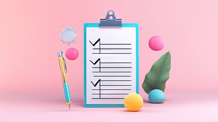 Colorful 3D checklist with a pen, geometric shapes, and leaf on a pink background. - Powered by Adobe