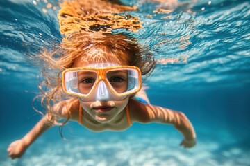 Naklejka premium Child swimming underwater with snorkeling gear.