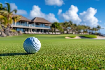 Fototapeta premium Golf ball on green, luxury resort background. Perfect for websites, travel brochures, and golf-related content.