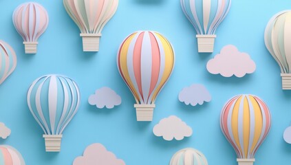 
High-quality paper-cut artwork depicting pastel-colored hot air balloons with clouds against a blue background, 