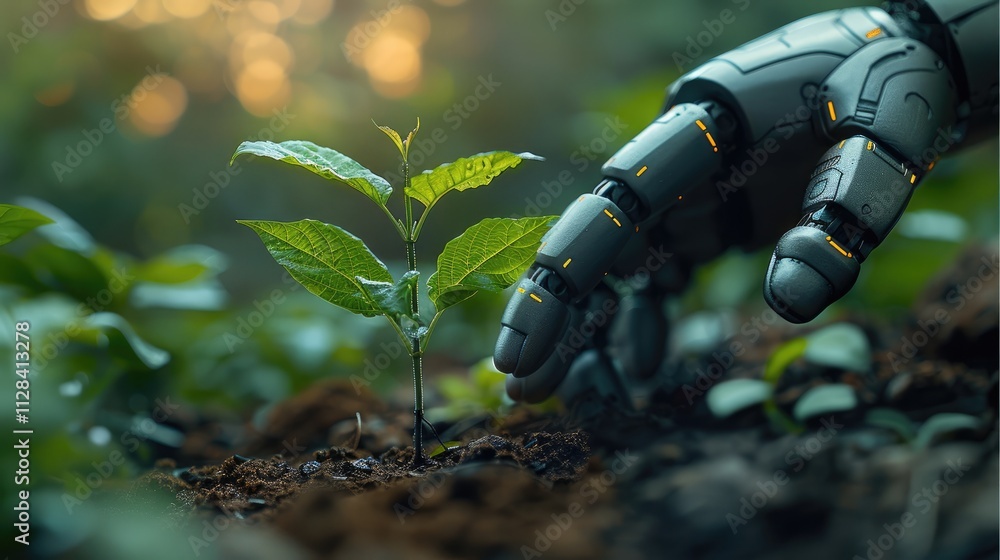 Aufkleber A robotic hand planting a seedling in soil, representing innovation in technology, natural outdoor setting with soft light.