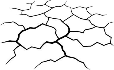 

Dry cracked ground Surface crack sharp soil Broken glass effect Structure of cracks, Breaks land texture earthquake scratches isolated black and white vector silhouette 

