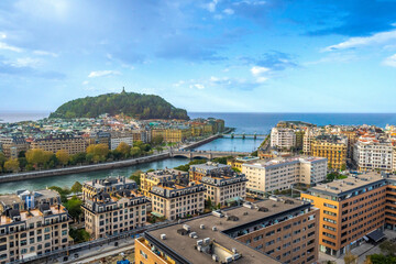 Aerial view of the Urumea river and the bridges of San Sebastian, Donostia at sunset, Basque Country