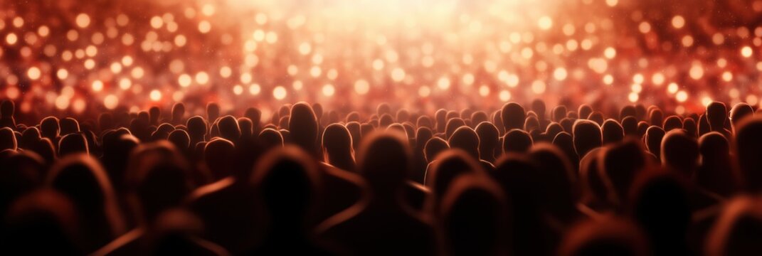 A dynamic scene of a large crowd gathered in a glowing environment, representing collective excitement, energy, and a shared human experience in a vibrant setting.