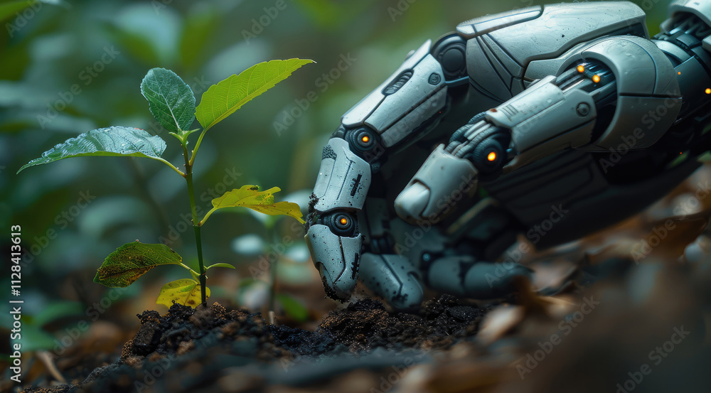 Poster a robotic hand planting a seedling in soil, representing innovation in technology, natural outdoor s