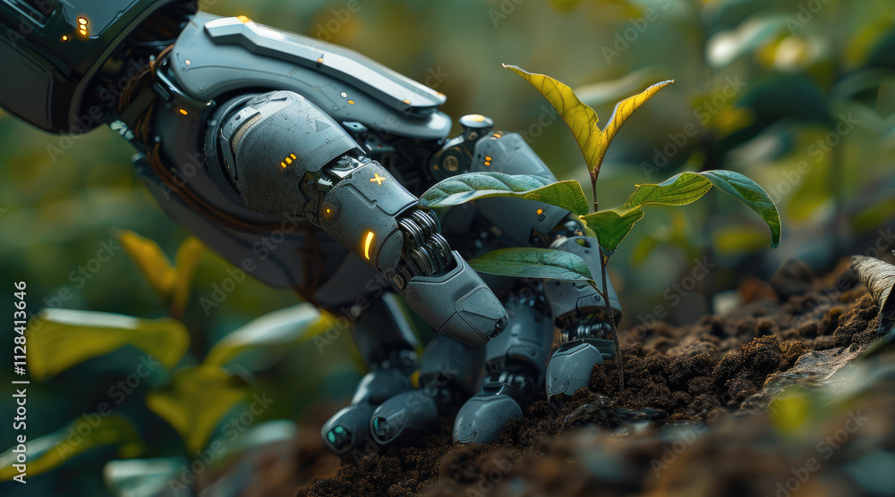 Aufkleber a robotic hand planting a seedling in soil, representing innovation in technology, natural outdoor s