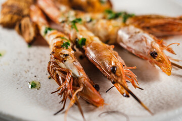 grilled shrimps with mushrooms and butter garlic saouce served on sticks topped by mediterranean herbs , white plate and background