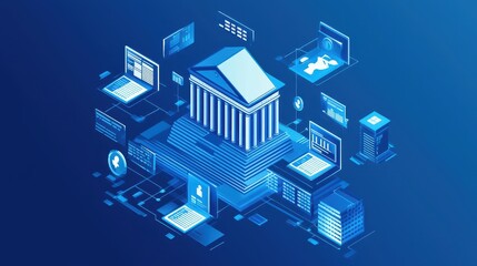 Obraz premium Digital Banking Concept with Graphical Representation of Financial Transactions, Security Measures, and Electronic Devices in a Modern Financial Institution Setting