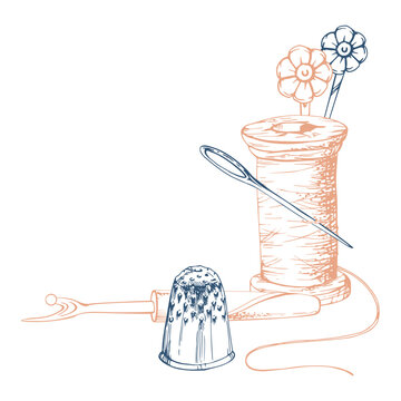 sewing tools sketch: spool, needle, thimble clip art preview