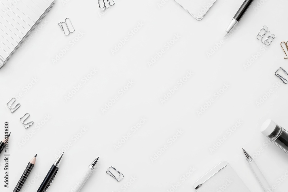 Poster desk organization tools like pens, pencils, and paper clips are neatly arranged, providing ample cop