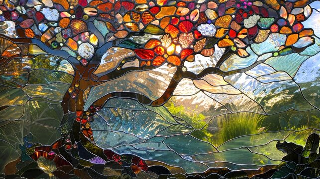Fototapeta Stained glass window tree in the forest