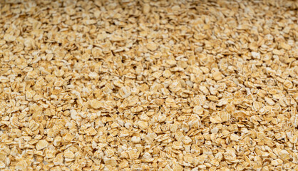 Dry raw oat flakes texture background, rolled flat grains pattern, instant porridge mockup, thin cereals