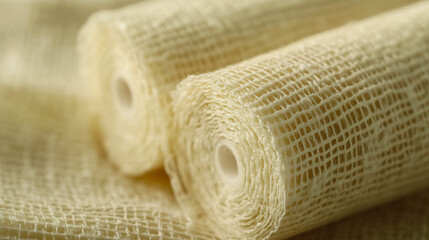 Rolls of yellow mesh fabric arranged neatly on a textured surface for craft and design projects. Generative AI