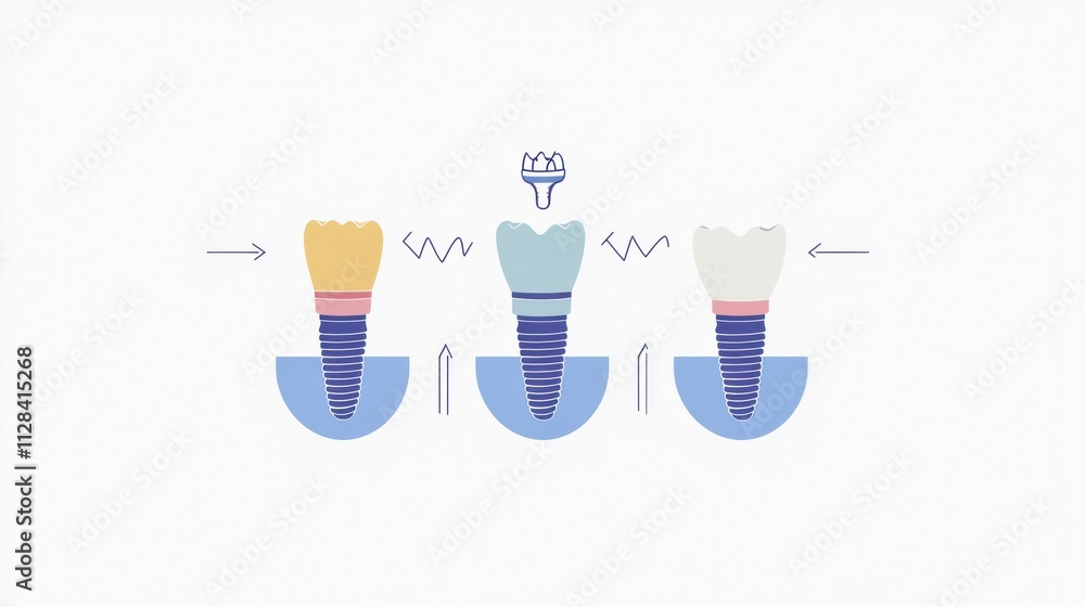Poster This illustration displays the three stages of getting a dental implant, showing how it progresses with clear visual steps. Generative AI