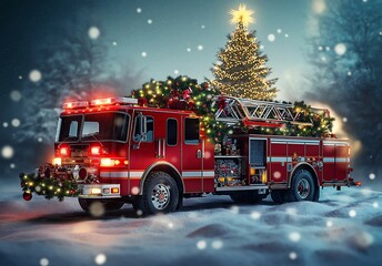 A festive fire truck adorned with Christmas garlands, glowing lights, and ornaments stands in the snow near a twinkling tree, spreading holiday cheer.