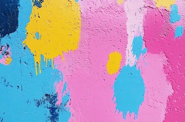 Abstract, colorful paint splashes on a wall background.