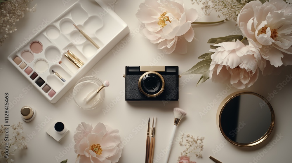 Poster flat lay display of cosmetics and camera on a light background with flowers captured in soft lightin
