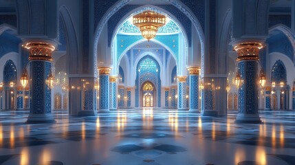 Magnificent Moroccan Palace Interior with Ornate Archways and Chandelier