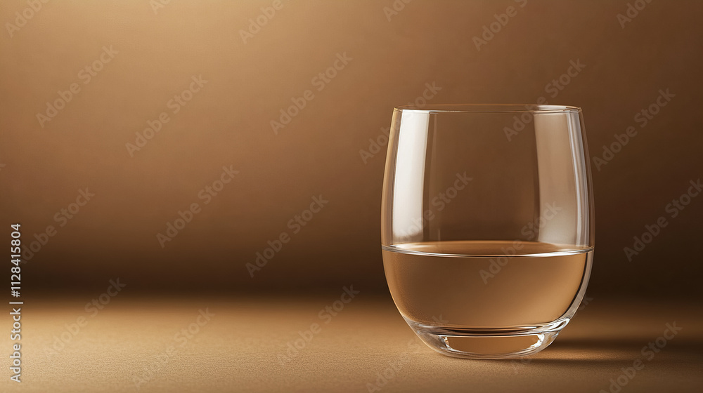 Poster clear glass filled with water sits on a smooth surface illuminated by warm light in a minimalist set