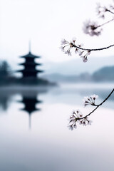 Serene Cherry Blossoms Overlooking a Misty Lake with a Majestic Temple Silhouette in the Background