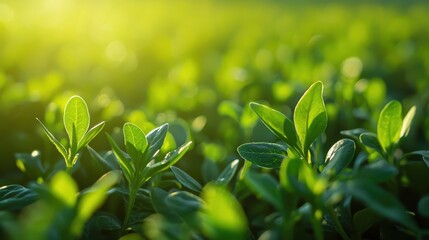 Obraz premium Fresh Green Leaves Glimmering in the Morning Light Showcasing Nature's Beauty with the Warmth of Sunbeams in a Lush Garden Setting