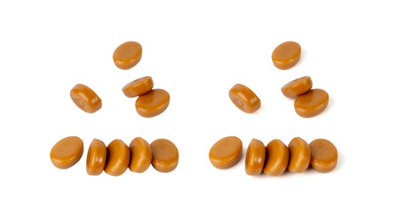 Caramel candies isolated, toffee caramel, round hard milk confectionery, brown sugar candies, small sweets