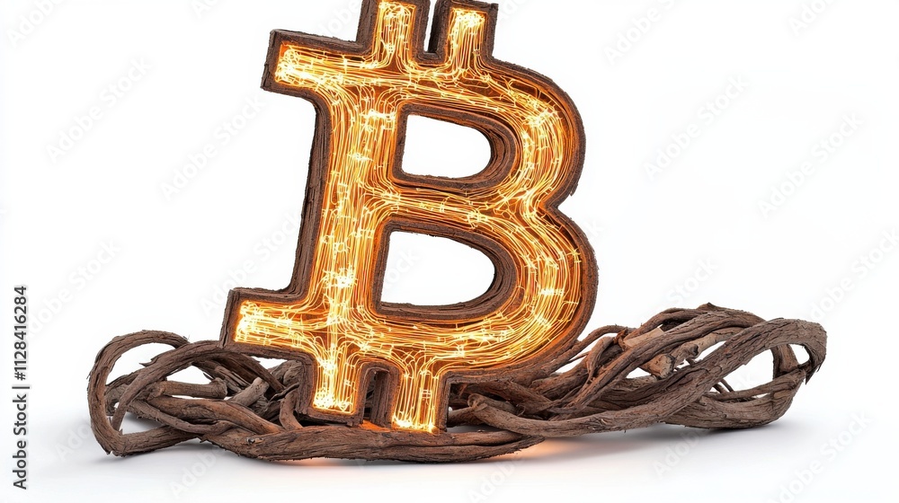 Poster 3d rendered bitcoin symbol with tangled wires depicting digital currency blockchain technology