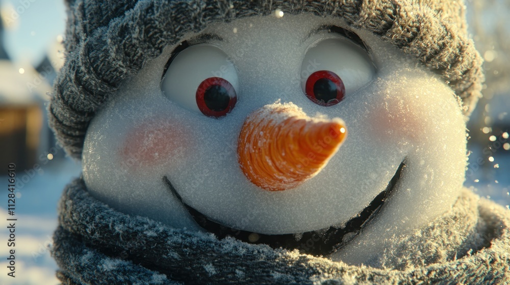 Poster cheerful snowman with a carrot nose in a snowy setting