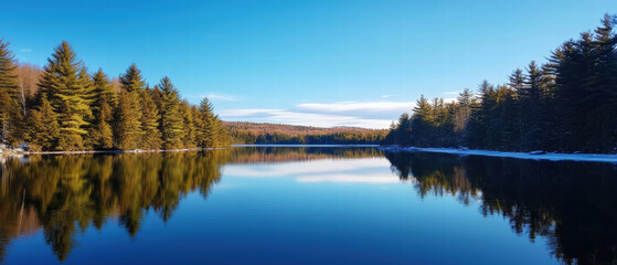 Fototapeta premium A serene lake surrounded by lush trees reflects a clear blue sky, creating a tranquil and peaceful natural landscape.
