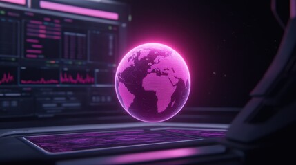 Futuristic Digital Globe Displaying Europe and Africa with Neon Pink Lights