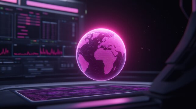 Futuristic Digital Globe Displaying Europe and Africa with Neon Pink Lights