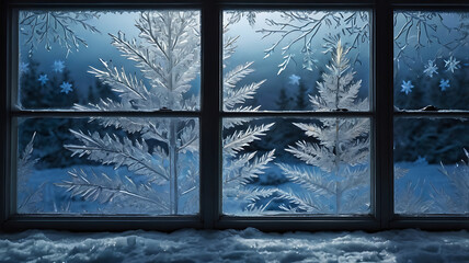 A frosty windowpane with intricate ice patterns, a glowing Christmas tree in the background, and a spacious gradient area for text.