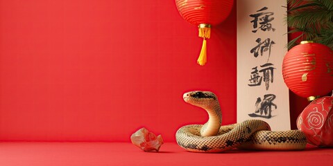 A golden snake coiled elegantly against a vibrant red backdrop. Lanterns and decorative elements enhance the festive ambiance.