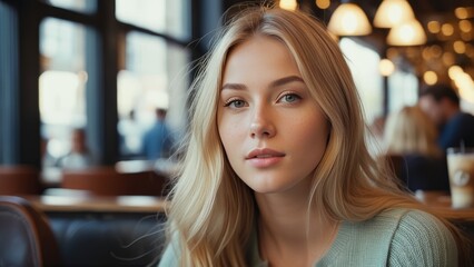beautiful blonde girl sits in a cafe close-up